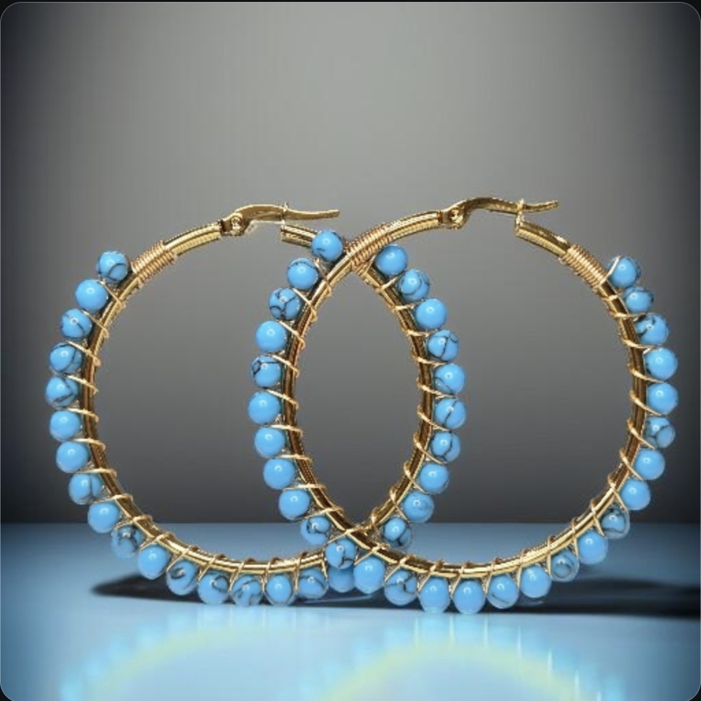 18k Gold Plated Genuine Turquoise Ball 2" Hoop Earrings